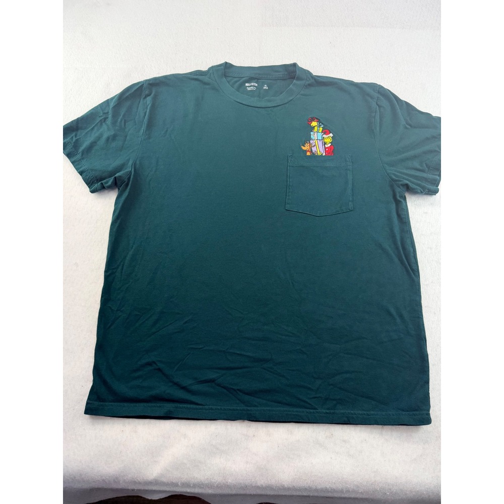 Hollister Mens XL The Grinch Christmas Pocket T-Shirt Relaxed Fit Green 5821